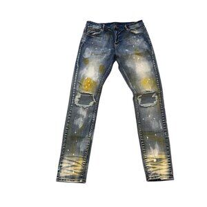 (25105) Karter Collection Men's Slim Jeans Size 34 Distressed Bleached Painted
